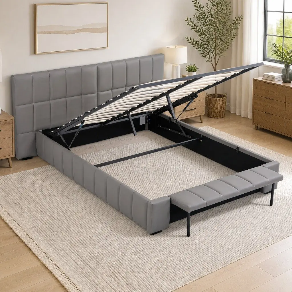 Queen Bed Frame Grey Upholstered Gas Lift Storage Platform Bed with Foldable Bench