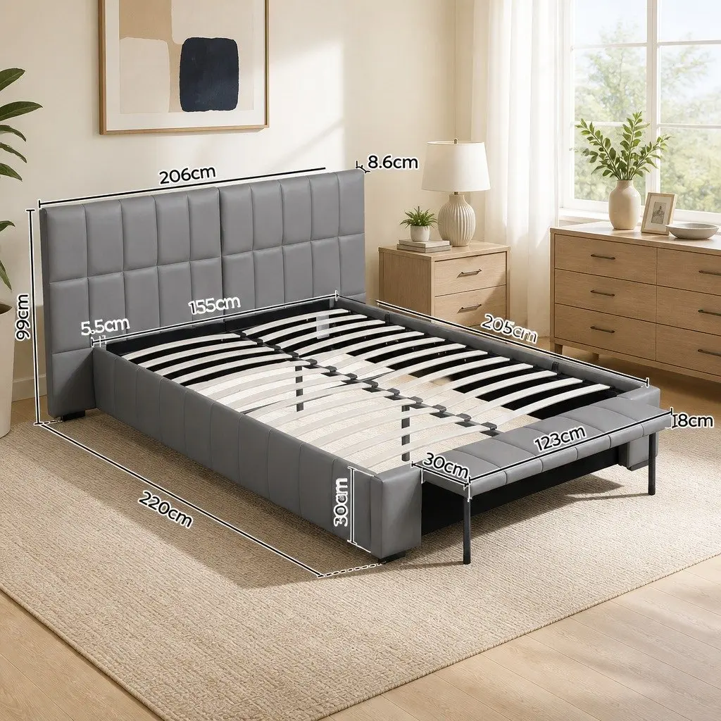 Queen Bed Frame Grey Upholstered Gas Lift Storage Platform Bed with Foldable Bench
