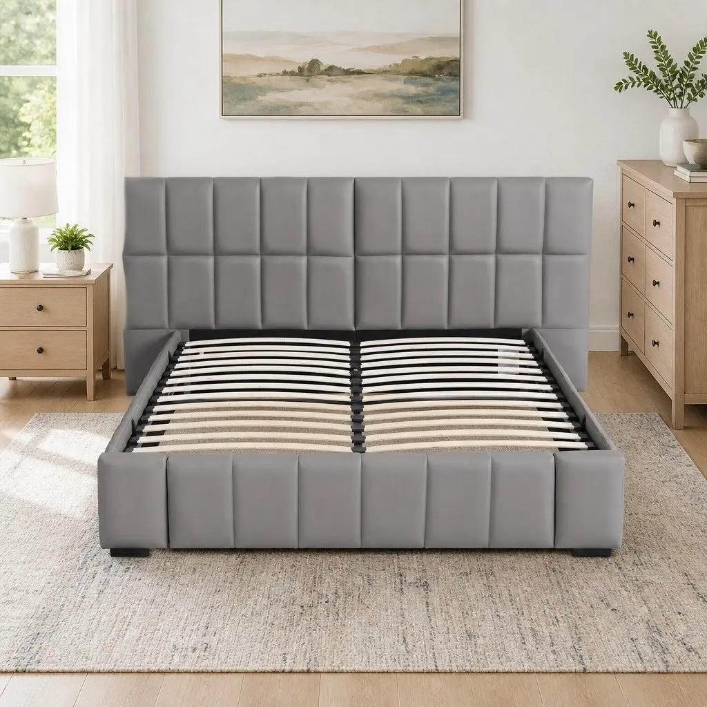 Queen Bed Frame Grey Upholstered Gas Lift Storage Platform Bed with Foldable Bench
