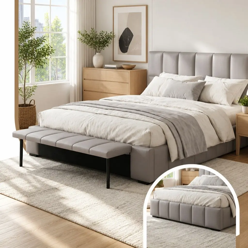 Queen Bed Frame Grey Upholstered Gas Lift Storage Platform Bed with Foldable Bench
