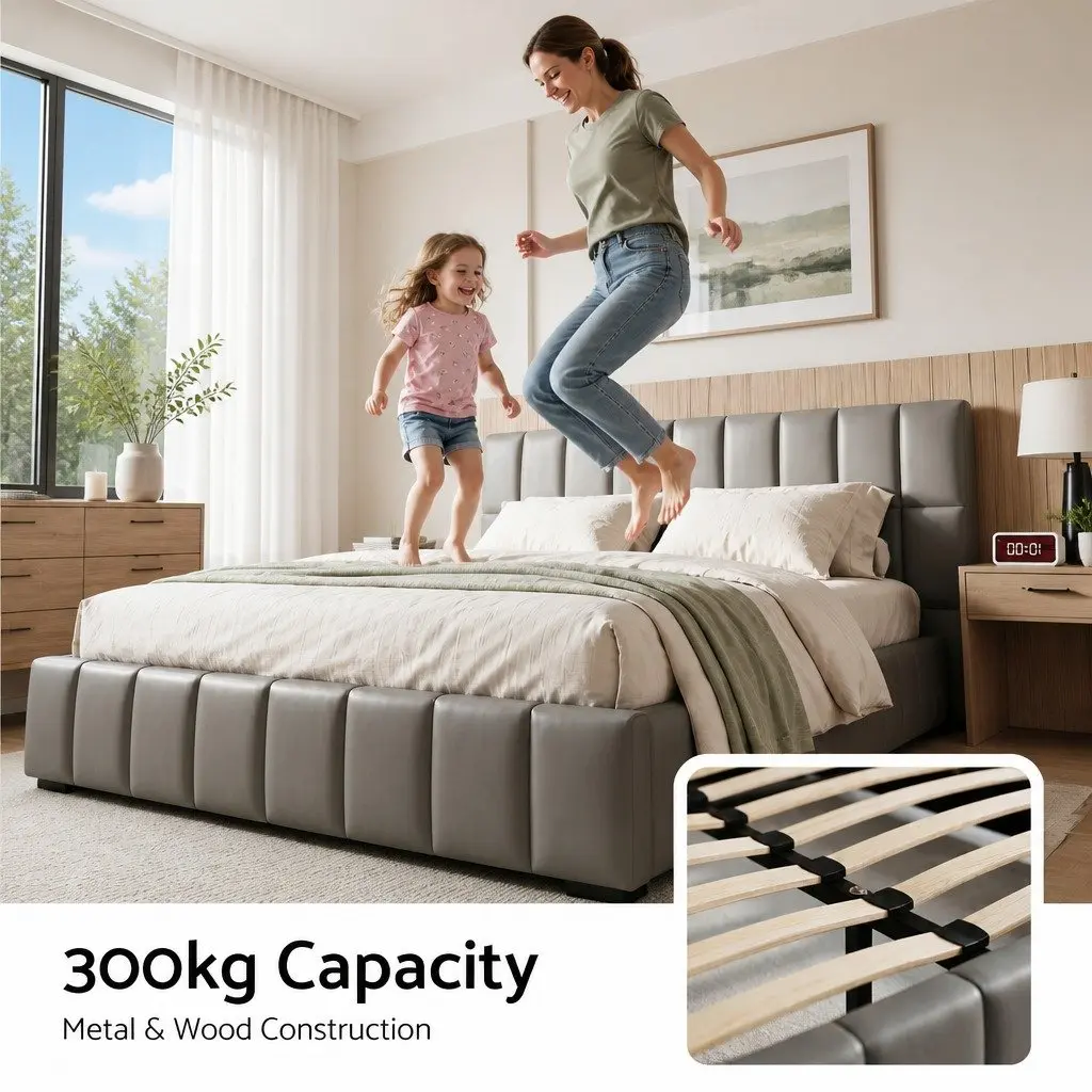 Queen Bed Frame Grey Upholstered Gas Lift Storage Platform Bed with Foldable Bench