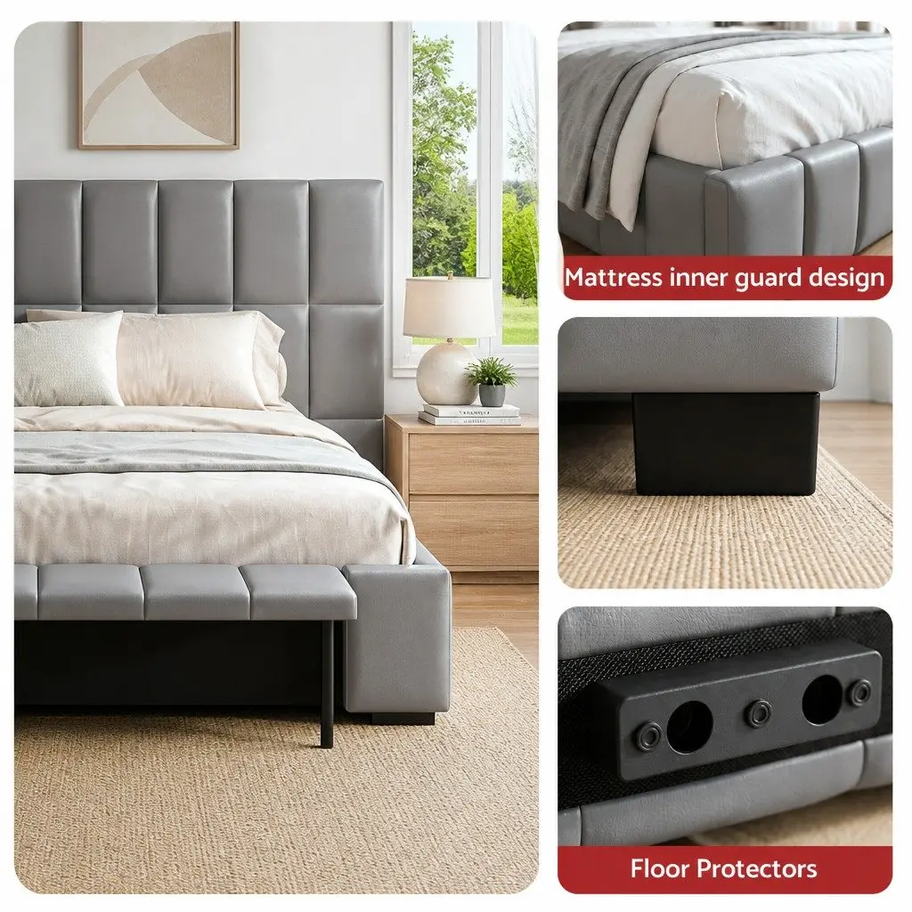 Queen Bed Frame Grey Upholstered Gas Lift Storage Platform Bed with Foldable Bench