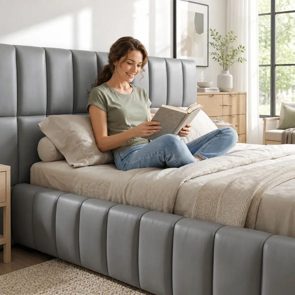 Queen Bed Frame Grey Upholstered Gas Lift Storage Platform Bed with Foldable Bench