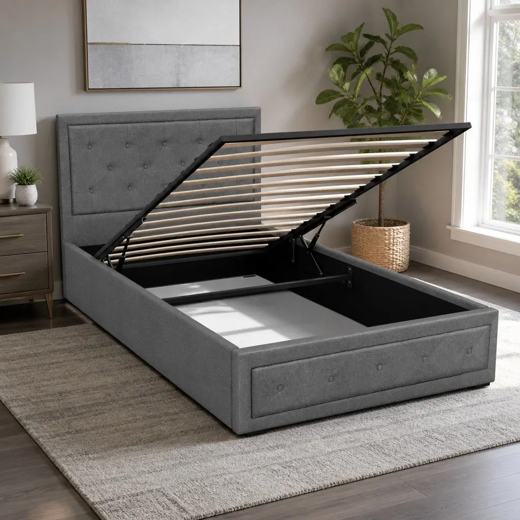 Gas Lift Bed Frame Grey Upholstered King Single Storage Wooden Slat Base