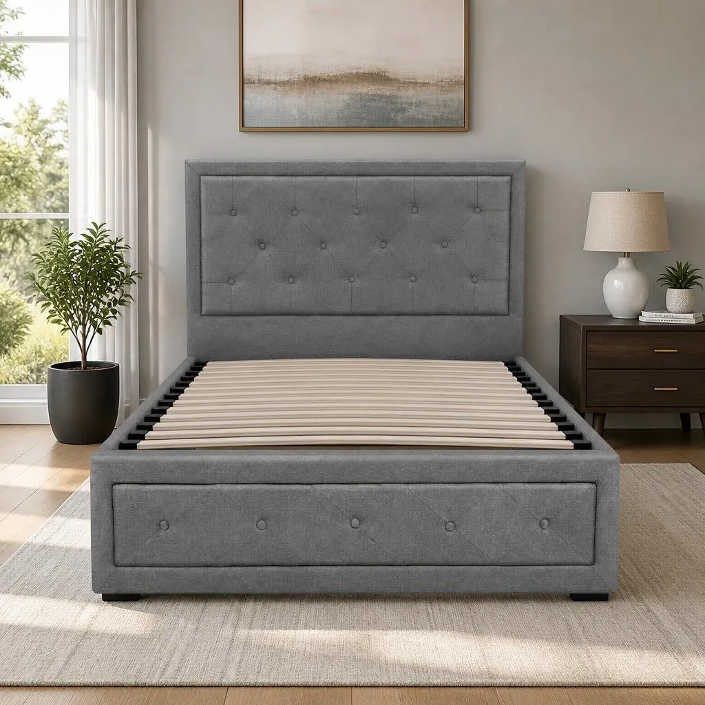 Gas Lift Bed Frame Grey Upholstered King Single Storage Wooden Slat Base