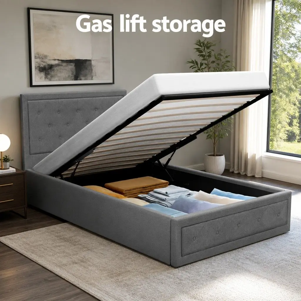 Gas Lift Bed Frame Grey Upholstered King Single Storage Wooden Slat Base