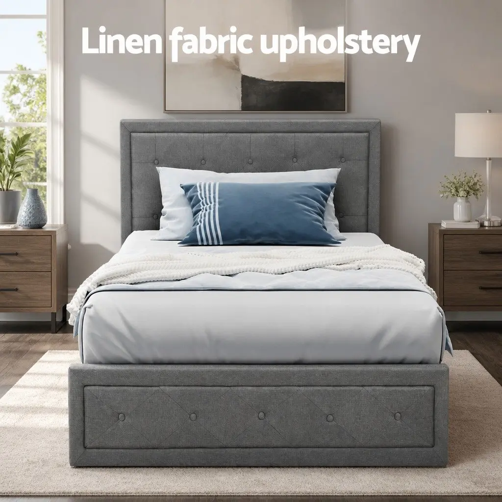 Gas Lift Bed Frame Grey Upholstered King Single Storage Wooden Slat Base