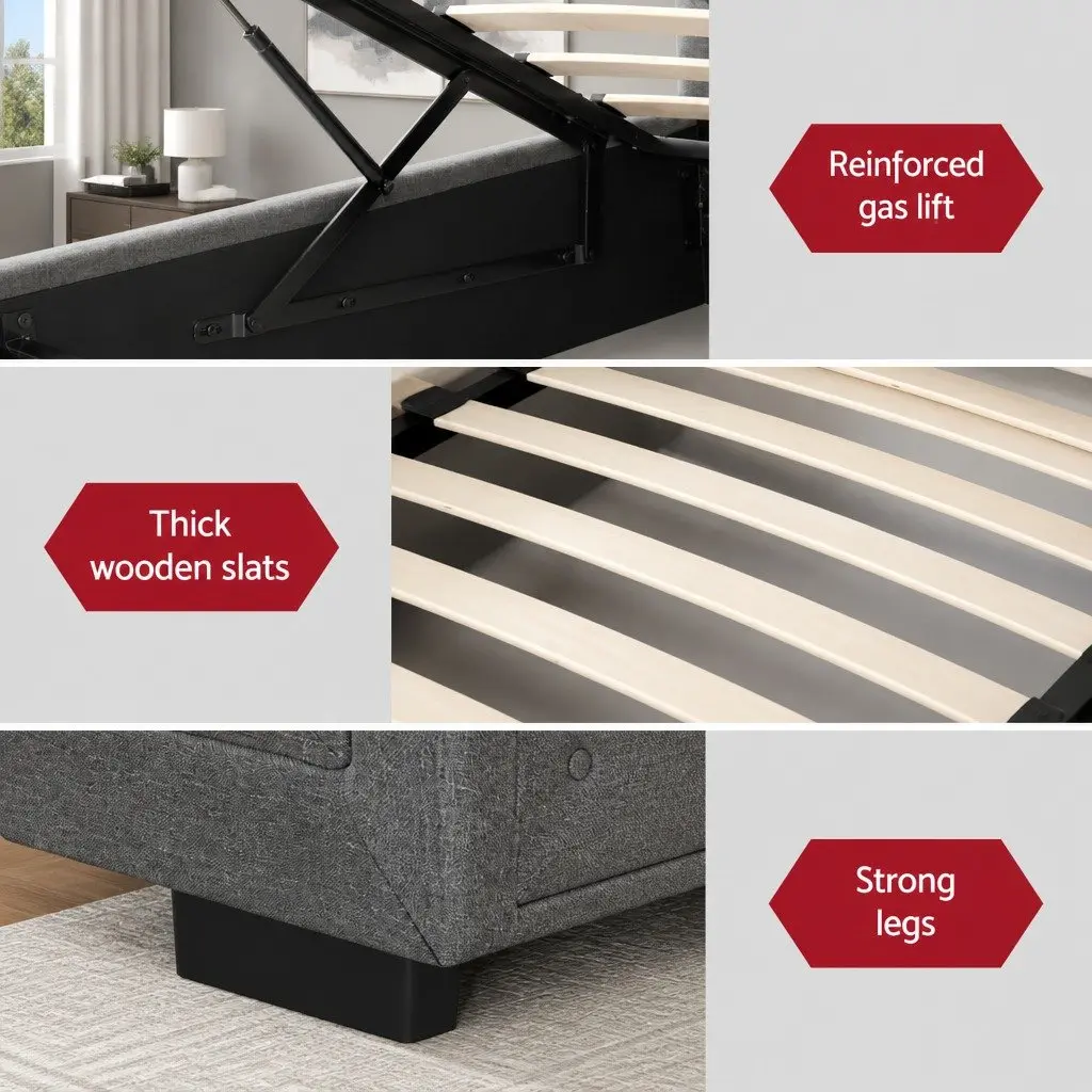 Gas Lift Bed Frame Grey Upholstered King Single Storage Wooden Slat Base