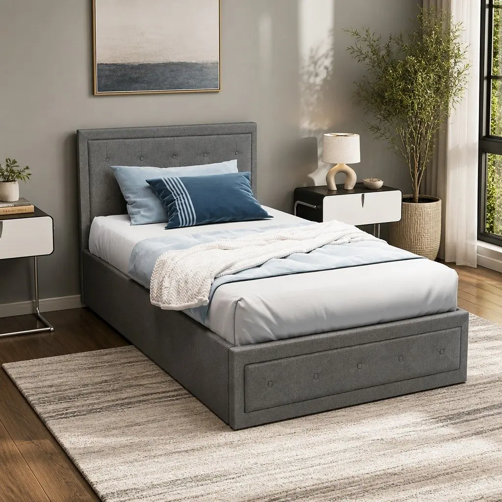 Gas Lift Bed Frame Grey Upholstered King Single Storage Wooden Slat Base