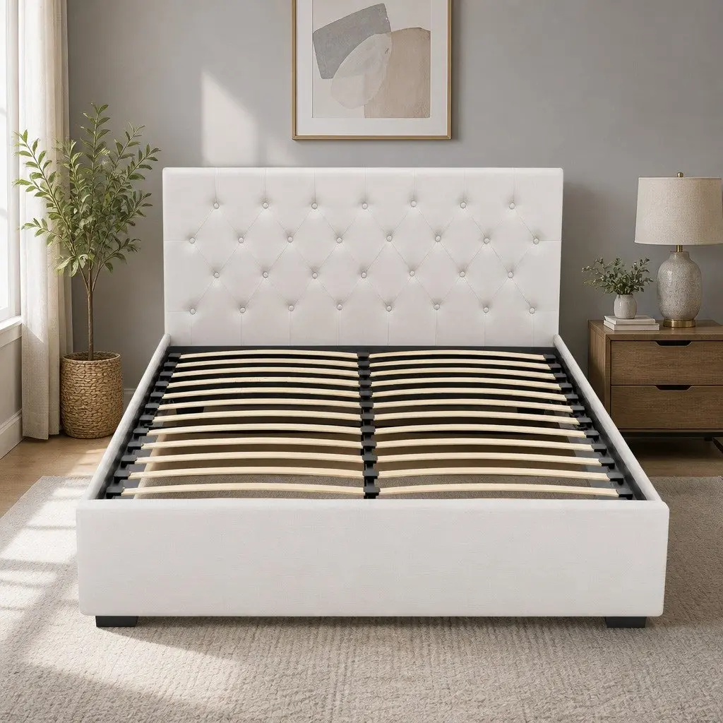 Queen Size Beige Gas Lift Storage Bed Frame Upholstered with Tufted Headboard