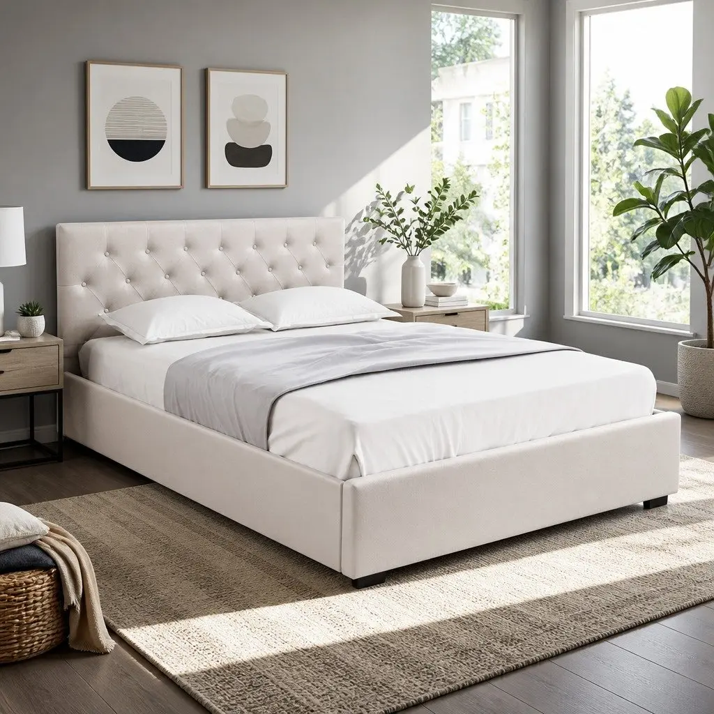 Queen Size Beige Gas Lift Storage Bed Frame Upholstered with Tufted Headboard