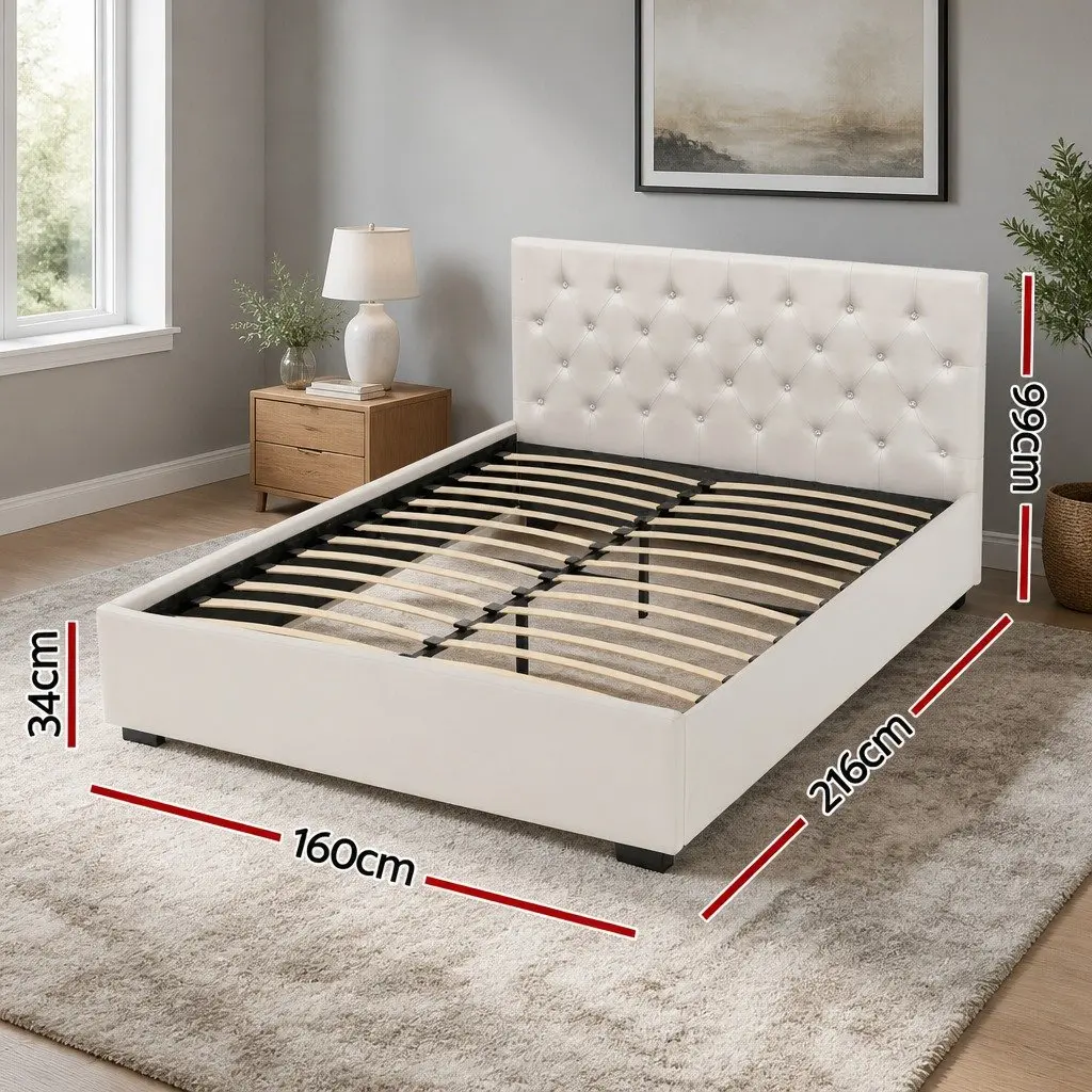Queen Size Beige Gas Lift Storage Bed Frame Upholstered with Tufted Headboard