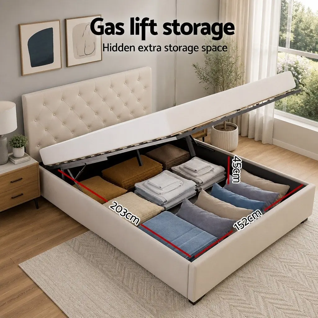 Queen Size Beige Gas Lift Storage Bed Frame Upholstered with Tufted Headboard