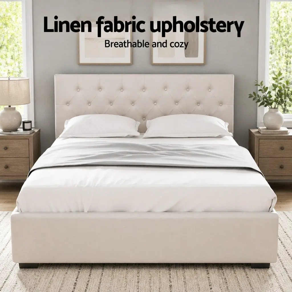 Queen Size Beige Gas Lift Storage Bed Frame Upholstered with Tufted Headboard