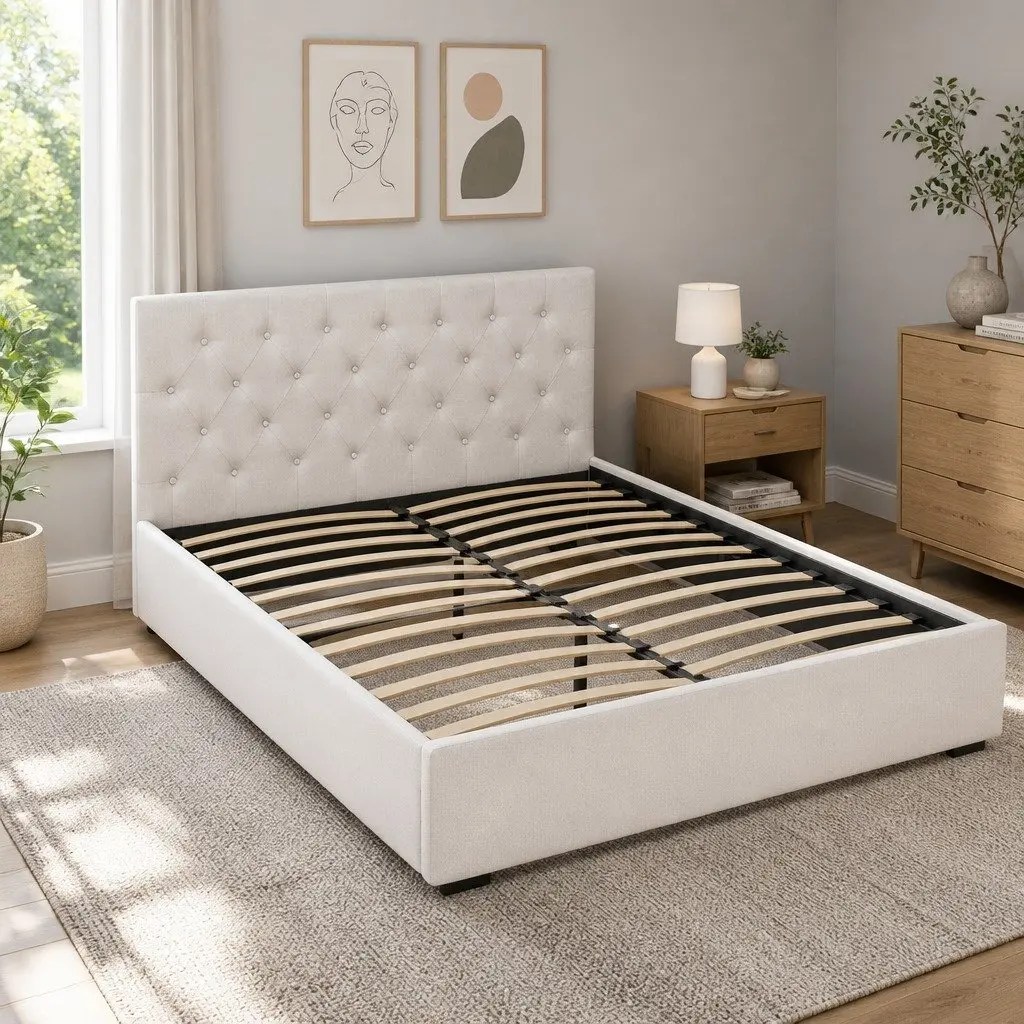 Queen Size Beige Gas Lift Storage Bed Frame Upholstered with Tufted Headboard