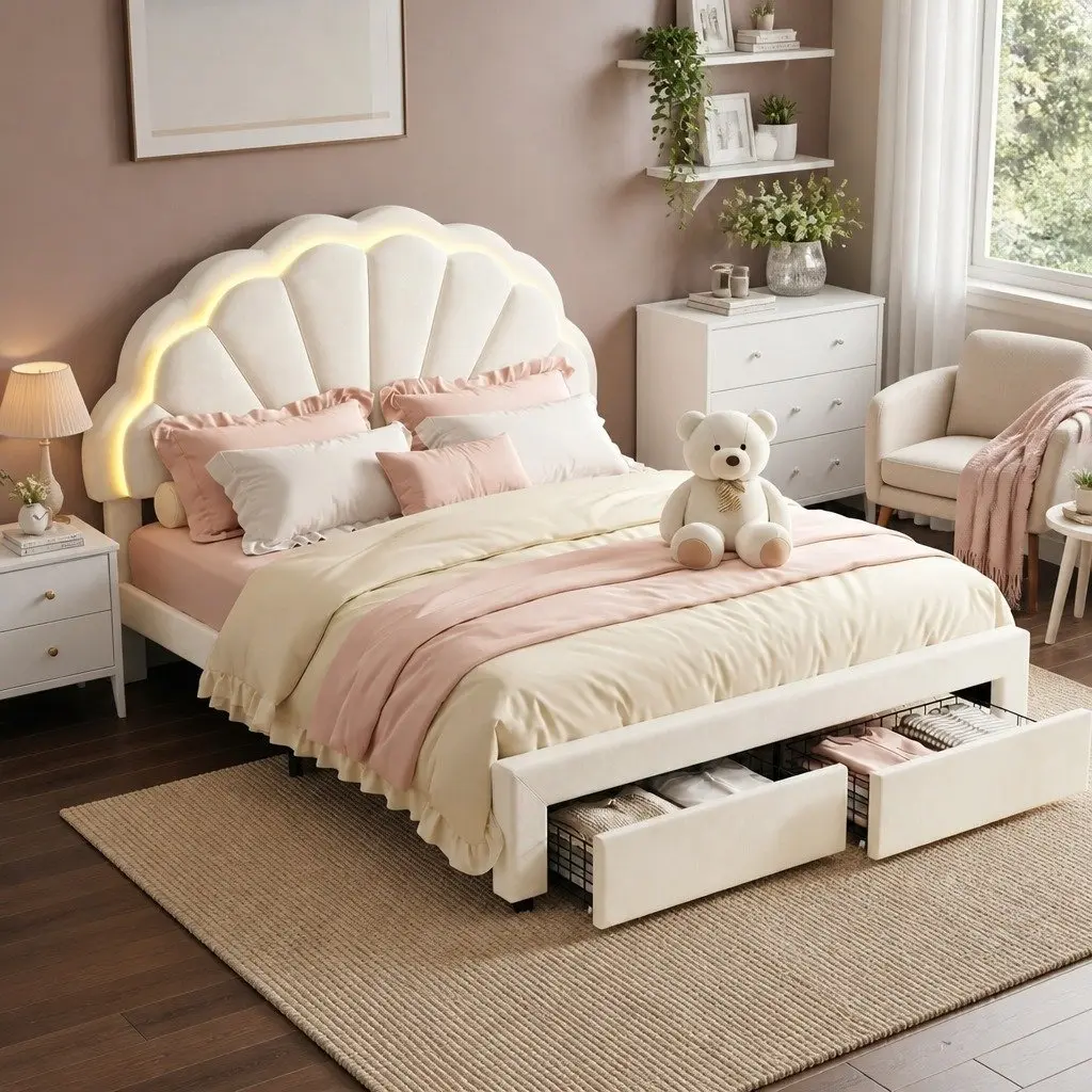 Double Bed Frame White Upholstered Platform with Storage Drawers and LED Headboard