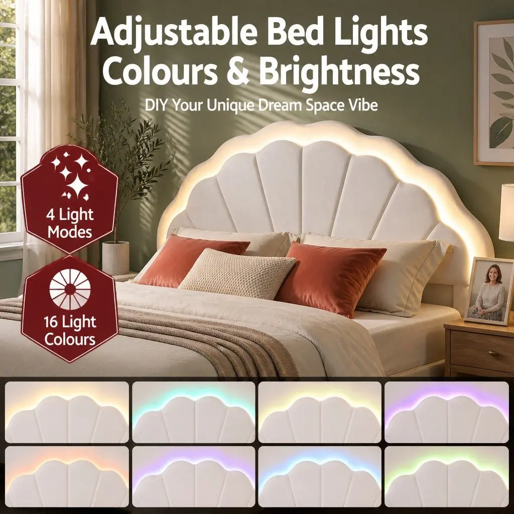 Double Bed Frame White Upholstered Platform with Storage Drawers and LED Headboard