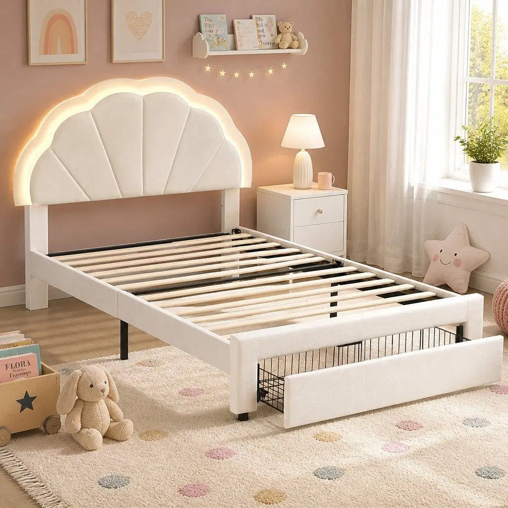 King Single Bed Frame White Upholstered with Storage Drawer LED Headboard
