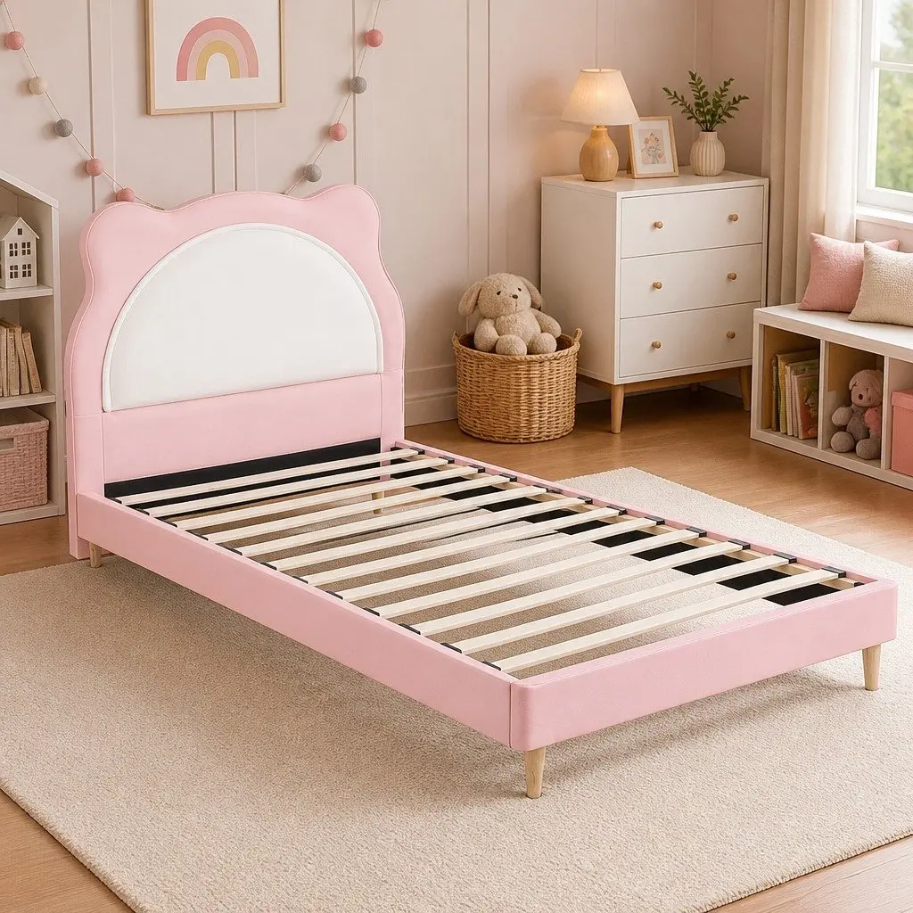 King Single Bed Frame Pink Kids Bedroom Upholstered Cute Animal Headboard Girls