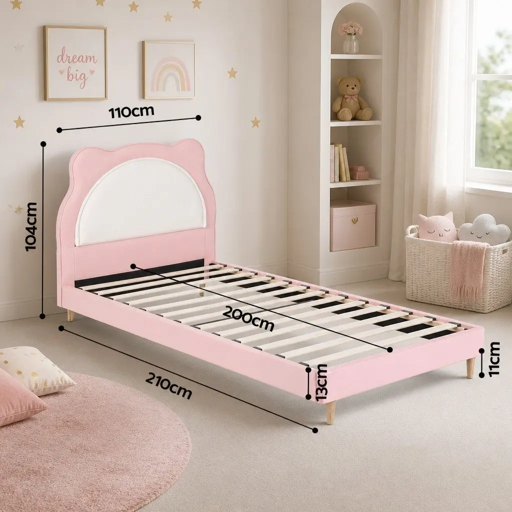 King Single Bed Frame Pink Kids Bedroom Upholstered Cute Animal Headboard Girls