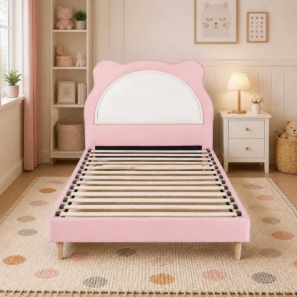 King Single Bed Frame Pink Kids Bedroom Upholstered Cute Animal Headboard Girls