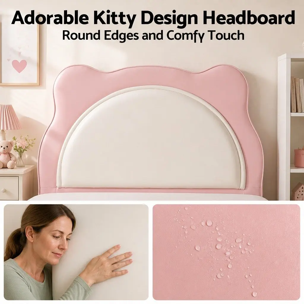King Single Bed Frame Pink Kids Bedroom Upholstered Cute Animal Headboard Girls