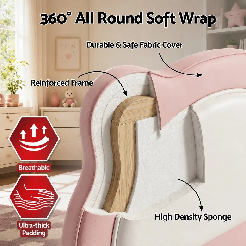 King Single Bed Frame Pink Kids Bedroom Upholstered Cute Animal Headboard Girls