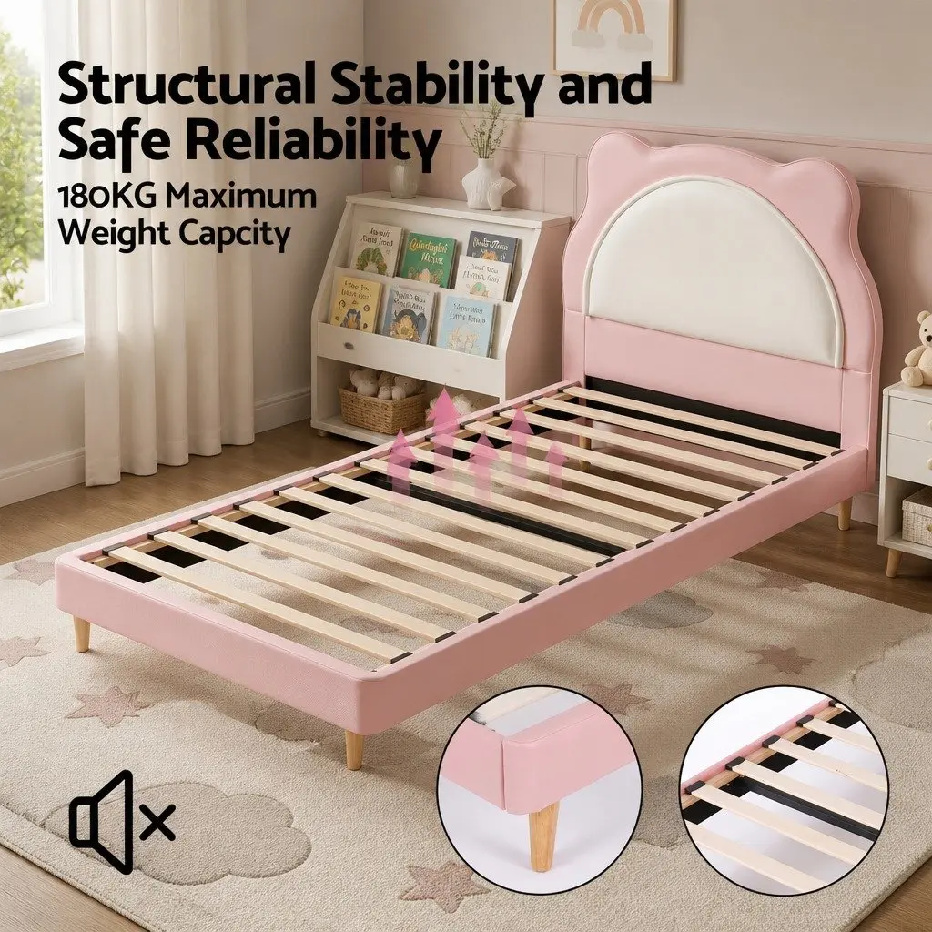 King Single Bed Frame Pink Kids Bedroom Upholstered Cute Animal Headboard Girls
