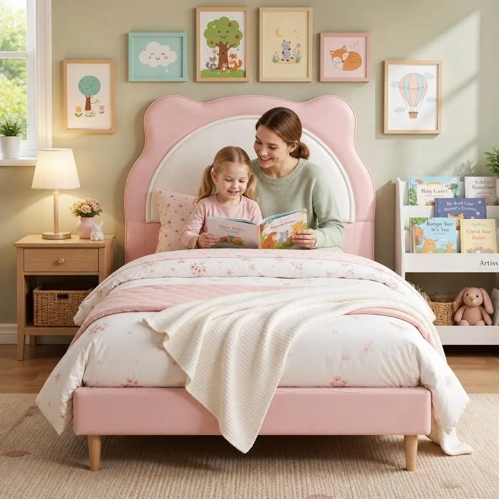 King Single Bed Frame Pink Kids Bedroom Upholstered Cute Animal Headboard Girls