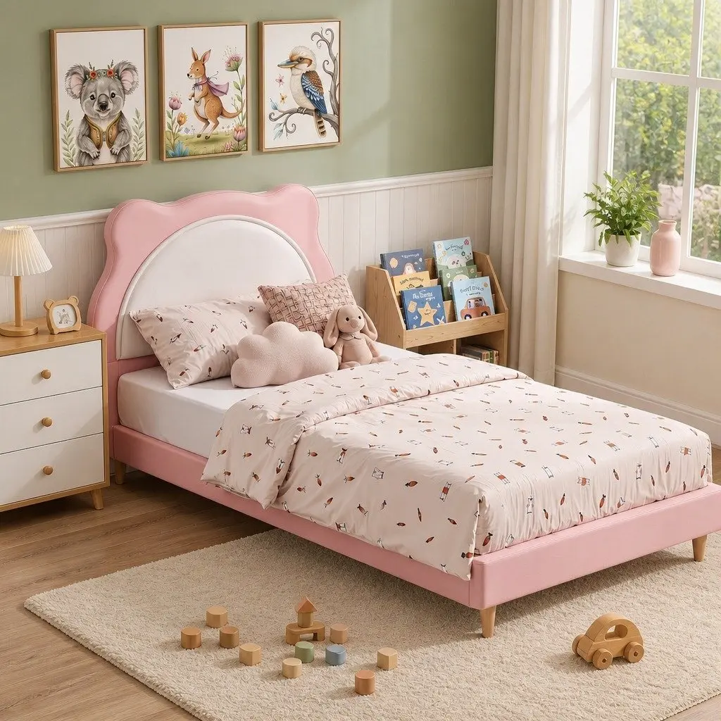 King Single Bed Frame Pink Kids Bedroom Upholstered Cute Animal Headboard Girls