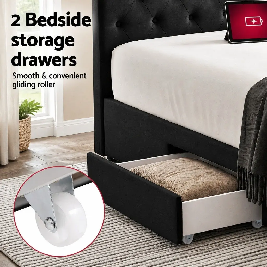 King Bed Frame Black King Size Upholstered with Storage Drawers Charging Station USB Type-C