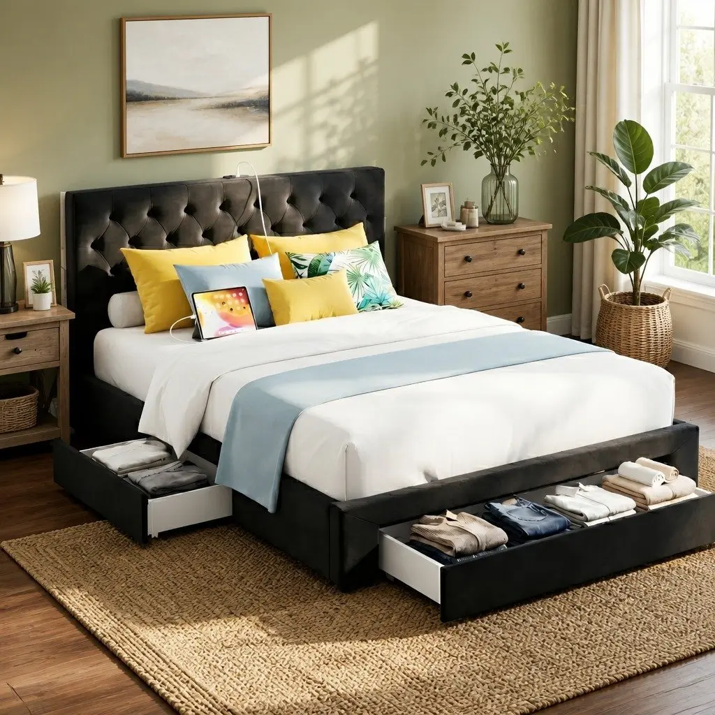 Queen Upholstered Bed Frame Black with Storage Drawers and Charging Station