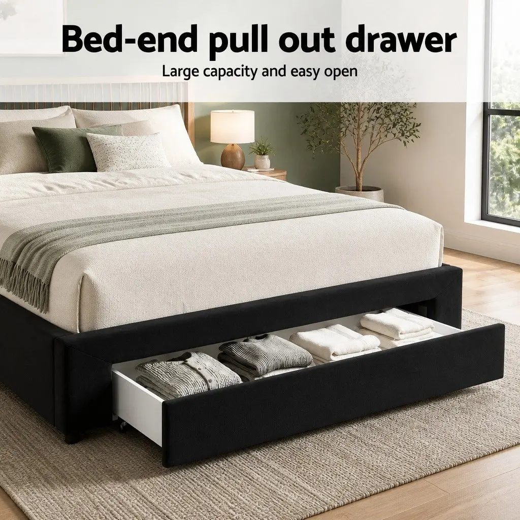 Queen Upholstered Bed Frame Black with Storage Drawers and Charging Station