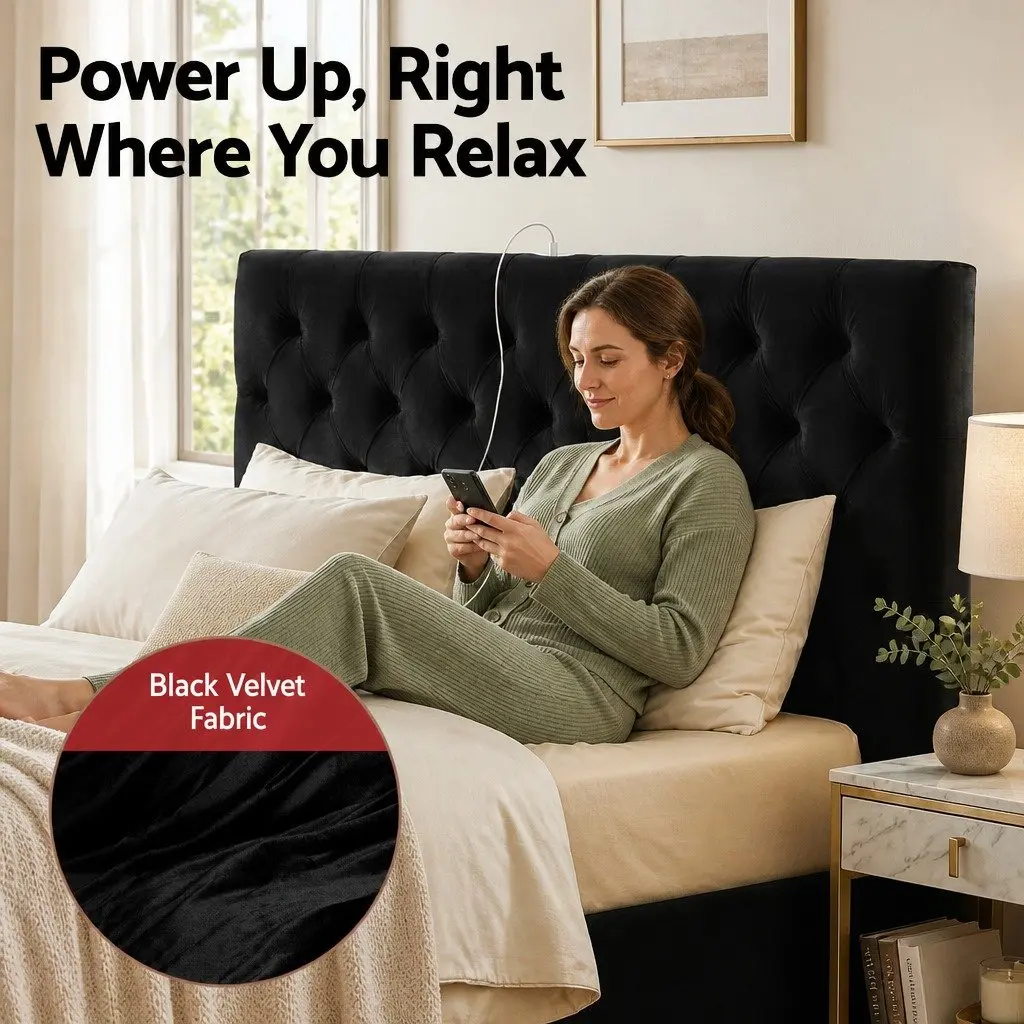 Queen Upholstered Bed Frame Black with Storage Drawers and Charging Station
