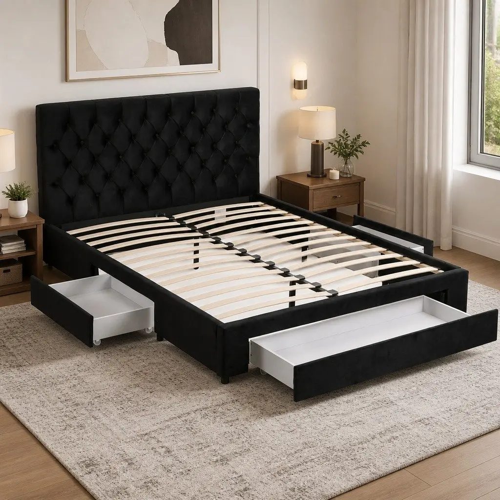 Queen Upholstered Bed Frame Black with Storage Drawers and Charging Station