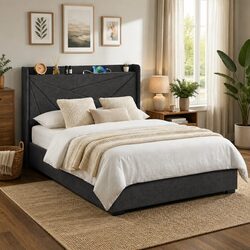 Double Bed Frame Gas Lift Storage Upholstered Headboard Charging Ports
