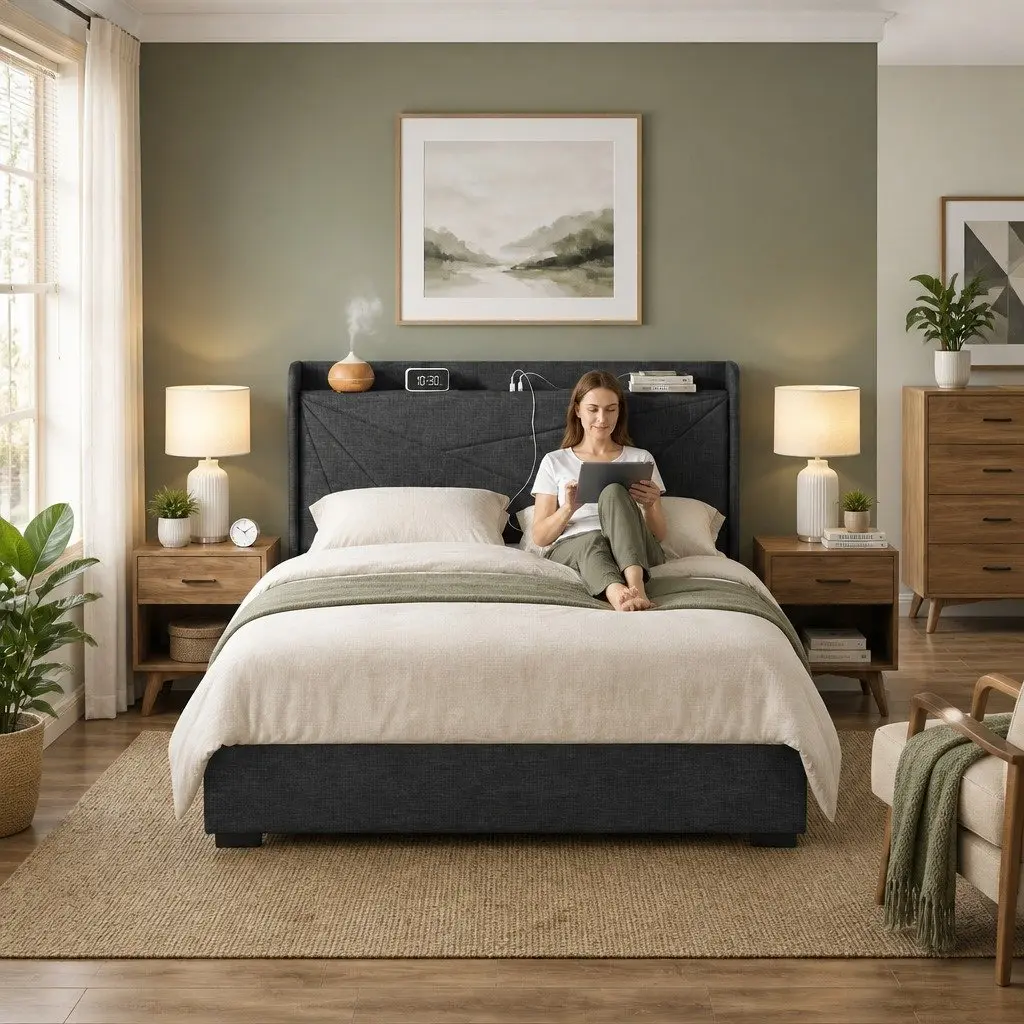 Double Bed Frame Charcoal Grey Gas Lift Storage Upholstered Headboard with Charging Ports