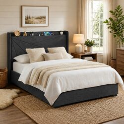 Queen Bed Frame with Gas Lift Storage Charging Ports Upholstered Geometric
