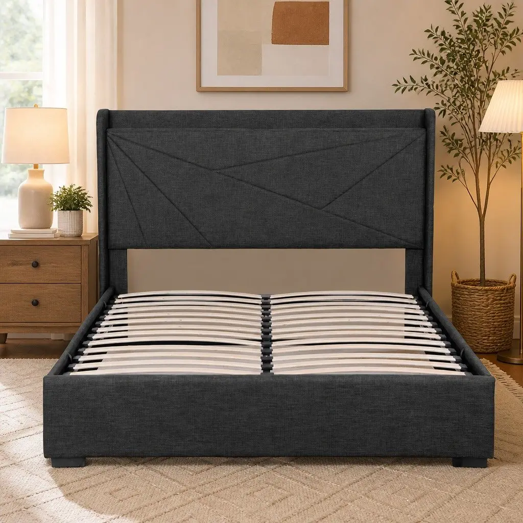 Queen Bed Frame with Gas Lift Storage Charging Ports Upholstered Geometric