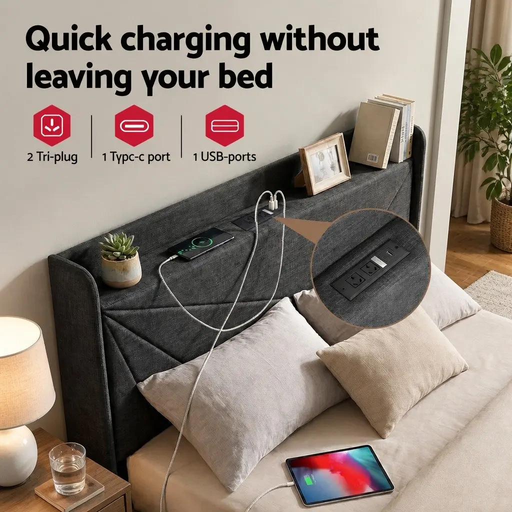 Queen Bed Frame with Gas Lift Storage Charging Ports Upholstered Geometric