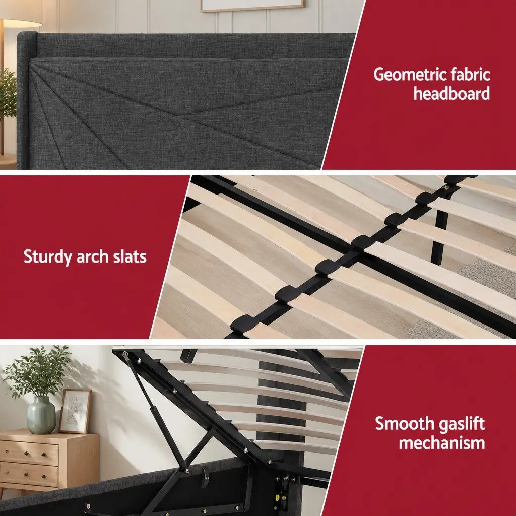 Queen Bed Frame with Gas Lift Storage Charging Ports Upholstered Geometric