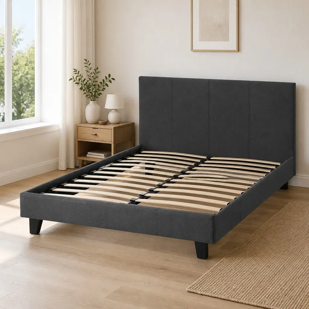 Double Bed Frame Charcoal Upholstered Padded Wooden Slat Base Modern Design