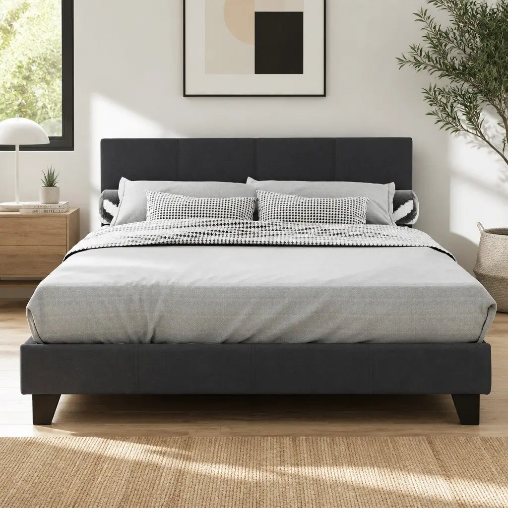 Double Bed Frame Charcoal Upholstered Padded Wooden Slat Base Modern Design