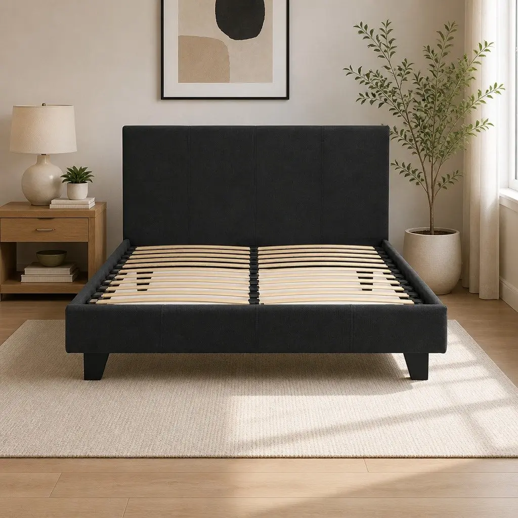 Double Bed Frame Charcoal Upholstered Padded Wooden Slat Base Modern Design