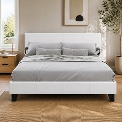 Queen Size Bed Frame White Upholstered Wooden Slat Base Metal Connectors