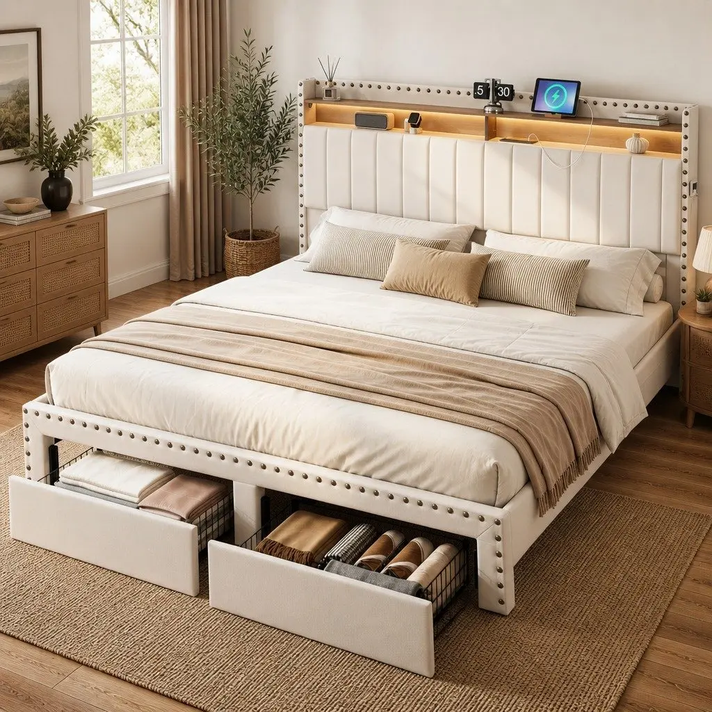 King Upholstered Bed Frame with Charging Station Mood Lighting Storage Drawers