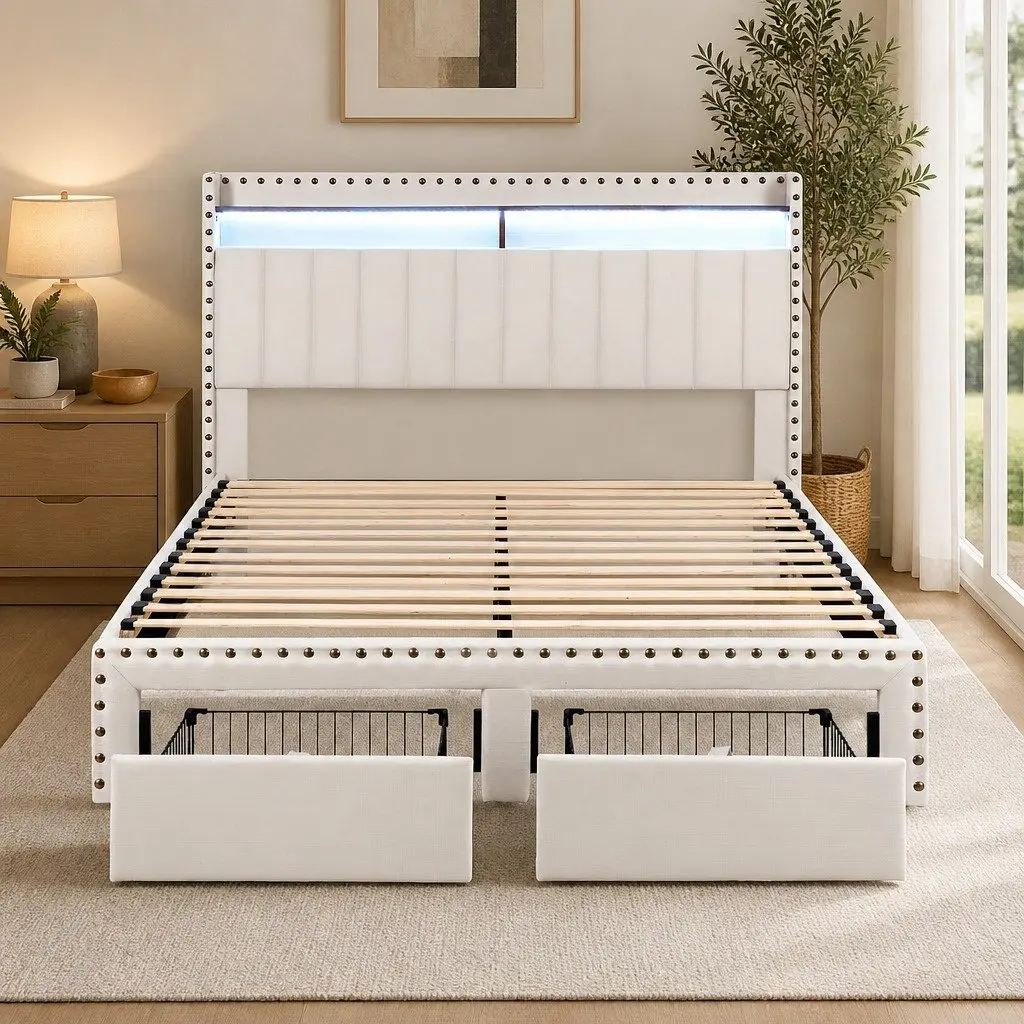 Queen Upholstered Bed Frame with Storage Drawers Charging Station Mood Lighting