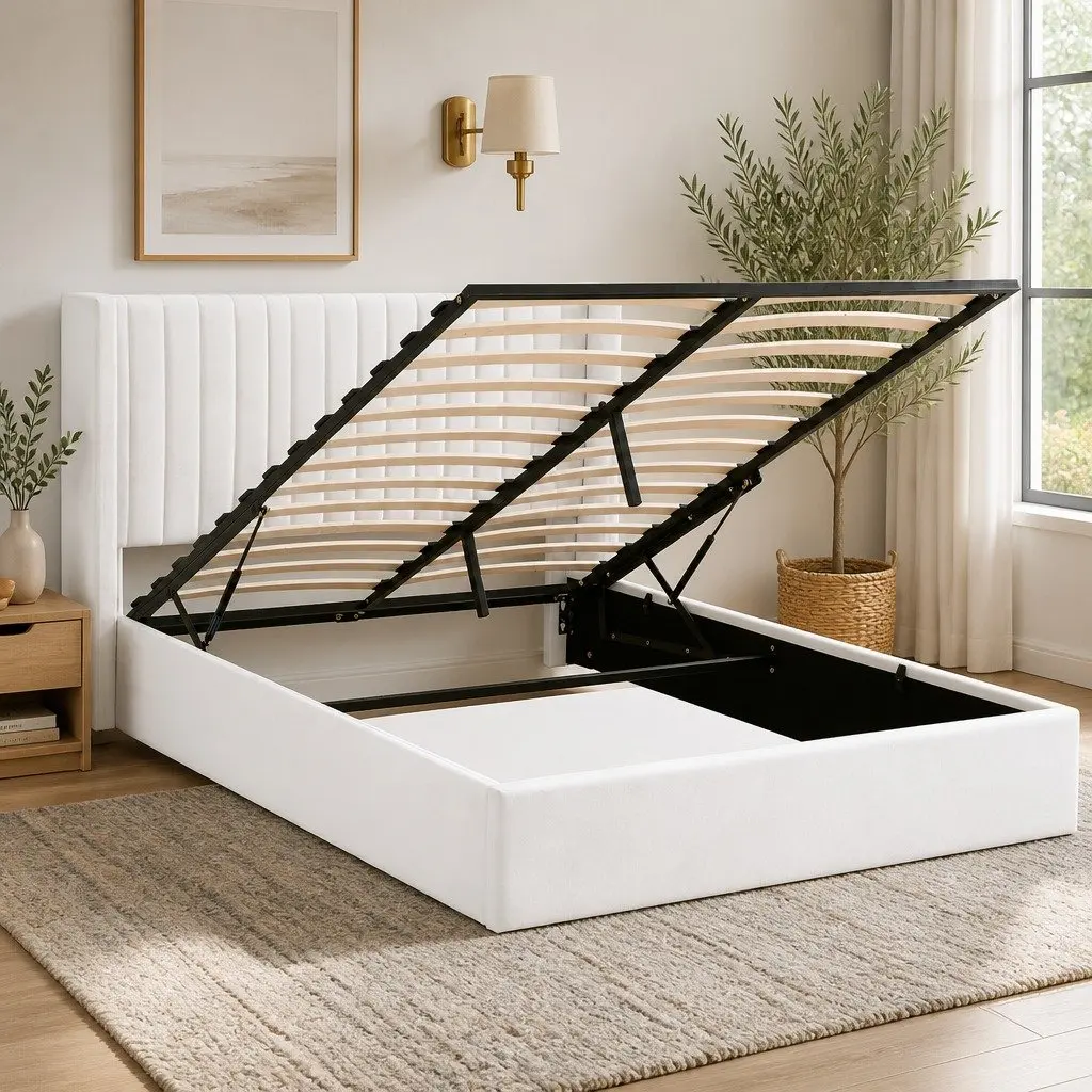 Double Bed Frame White Velvet Gaslift Storage USB Type-C Charging Ports