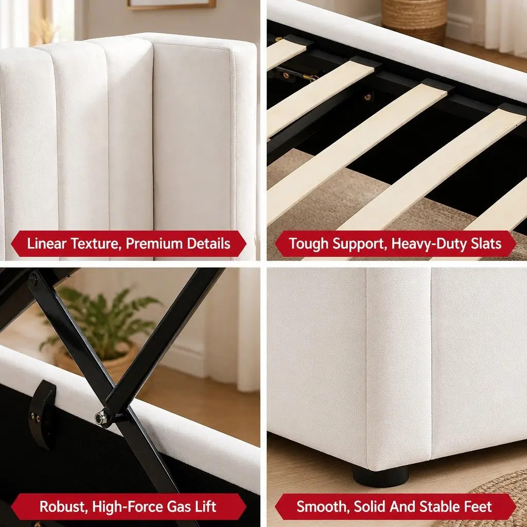 Double Bed Frame White Velvet Gaslift Storage USB Type-C Charging Ports
