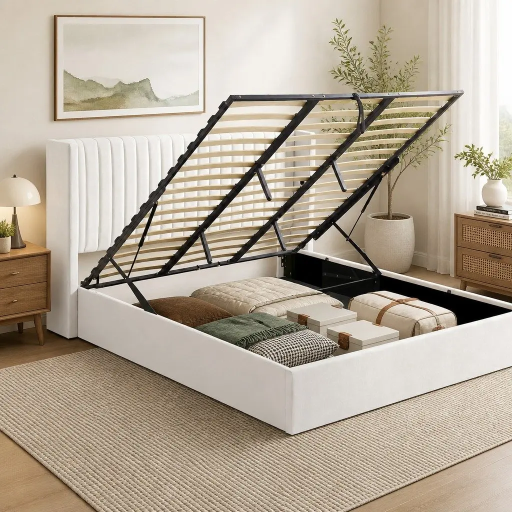 King Bed Frame White Velvet Gaslift Storage Dual USB Type-C Charging Ports